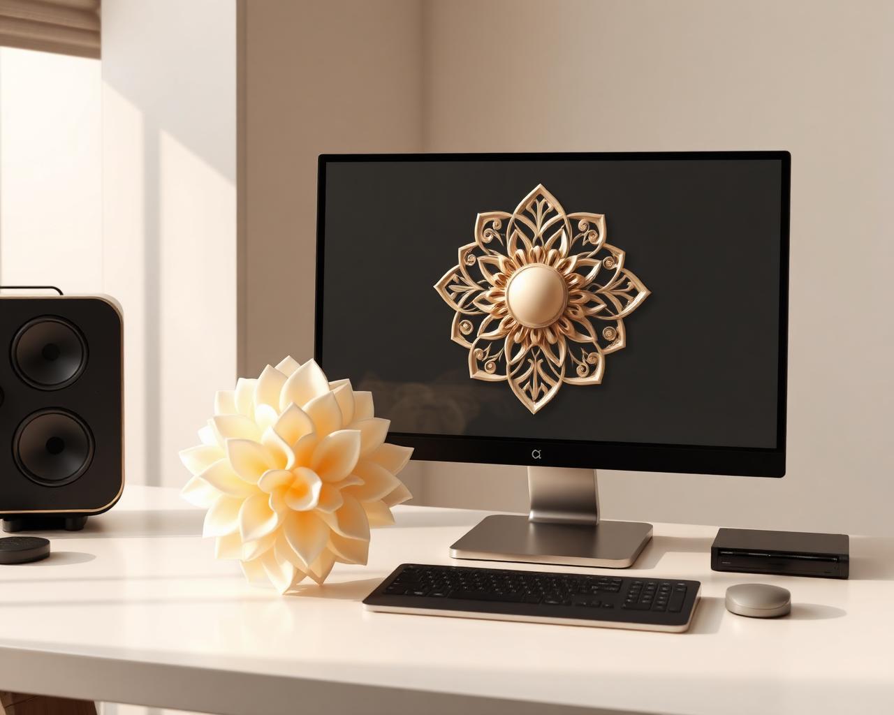 Custom 3D model design on screen alongside a printed piece